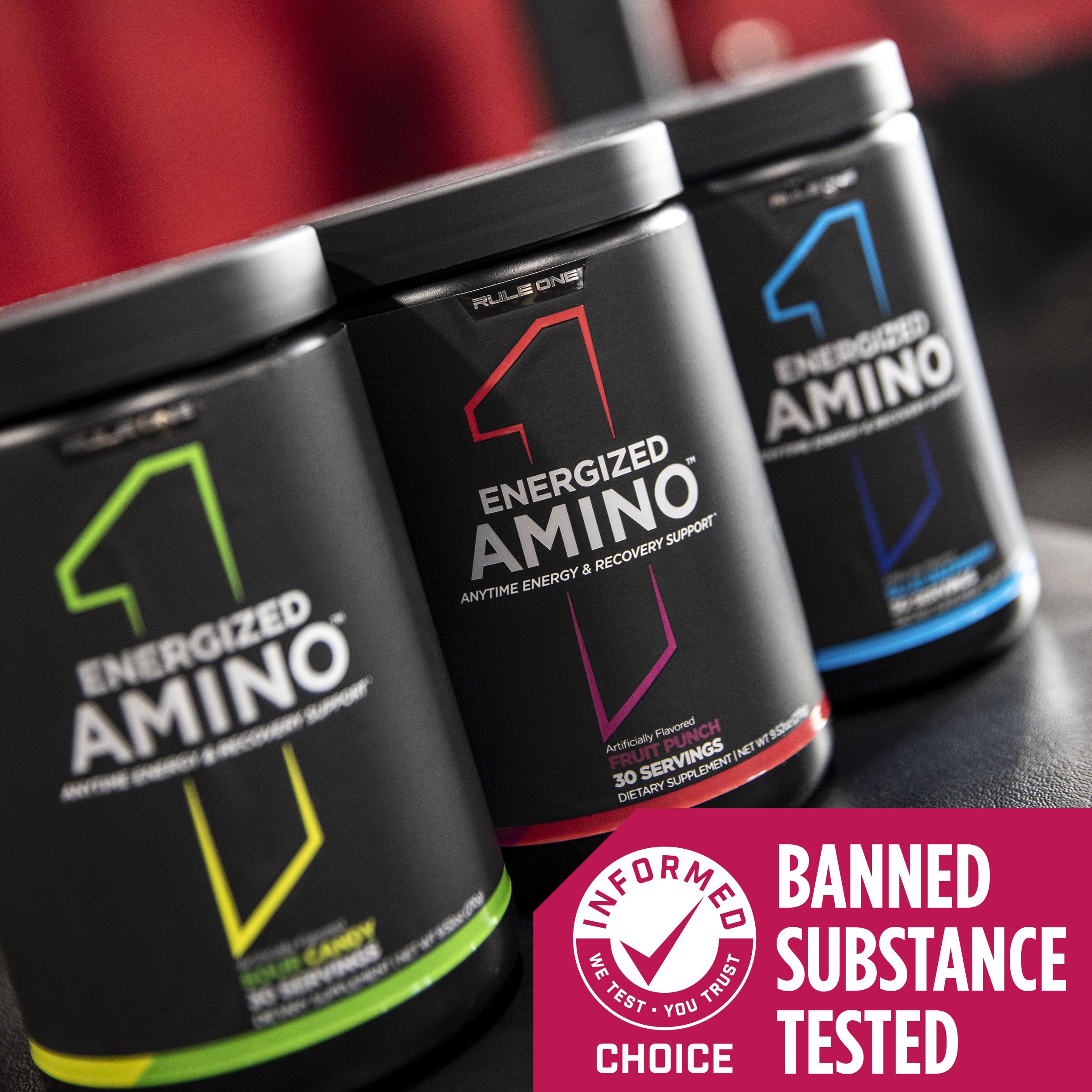 Rule 1 Energized Amino gym scene indicating workout energy.