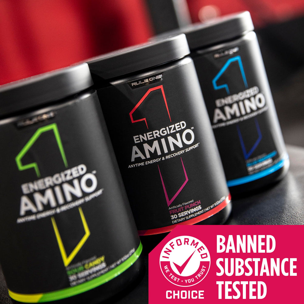 Rule 1 Energized Amino gym scene indicating workout energy.
