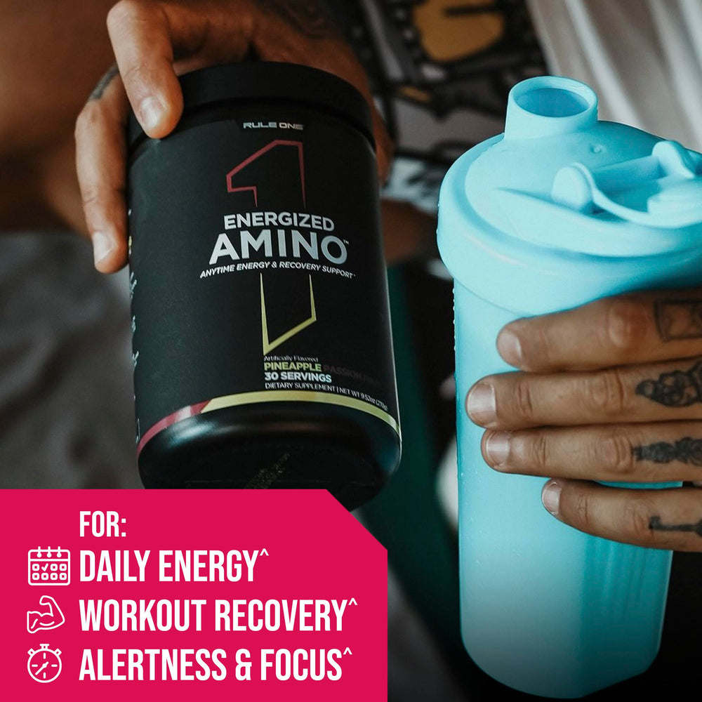 Rule 1 Energized Amino label closeup with amino acids and caffeine details.