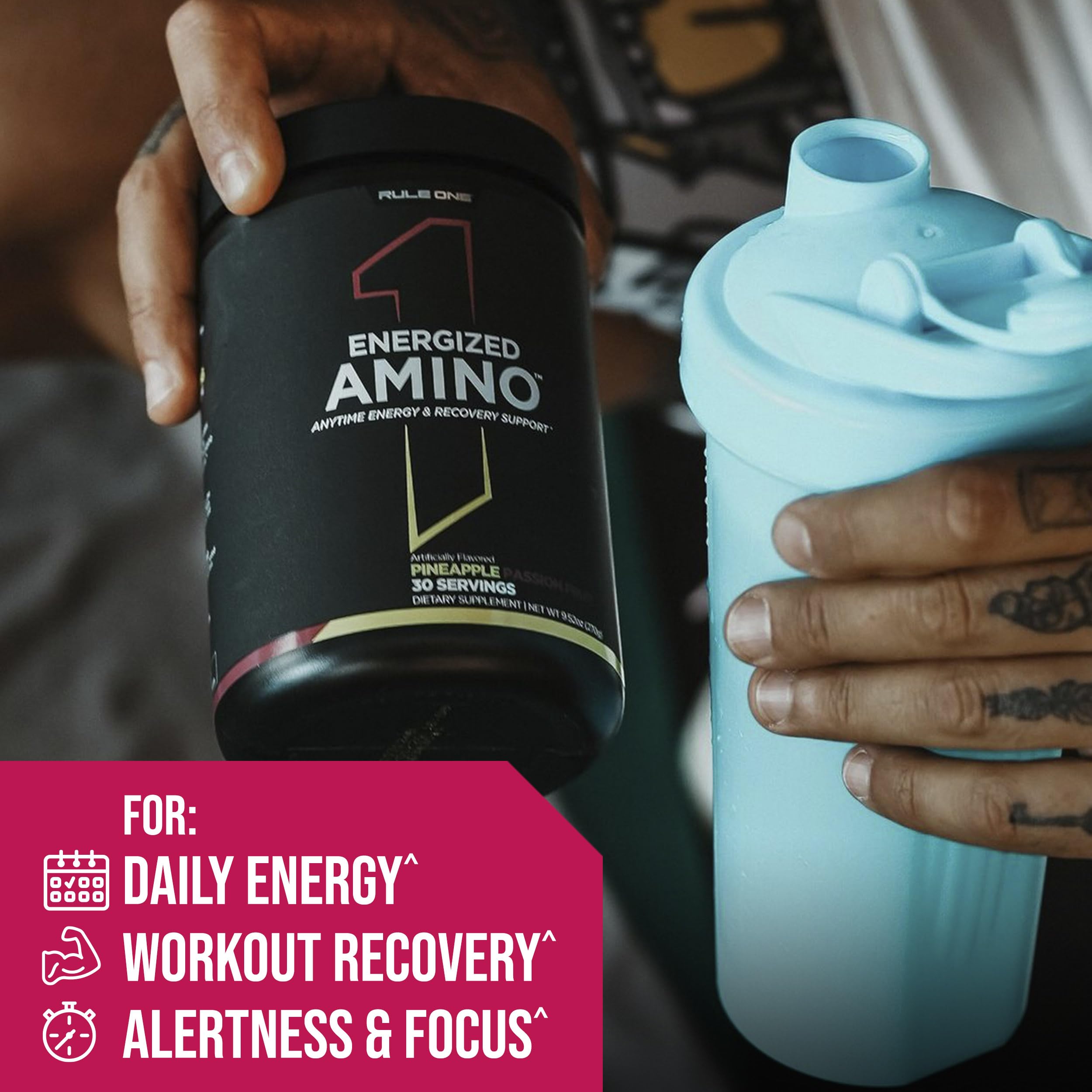 Rule 1 Energized Amino mixed in a glass for a convenient drink