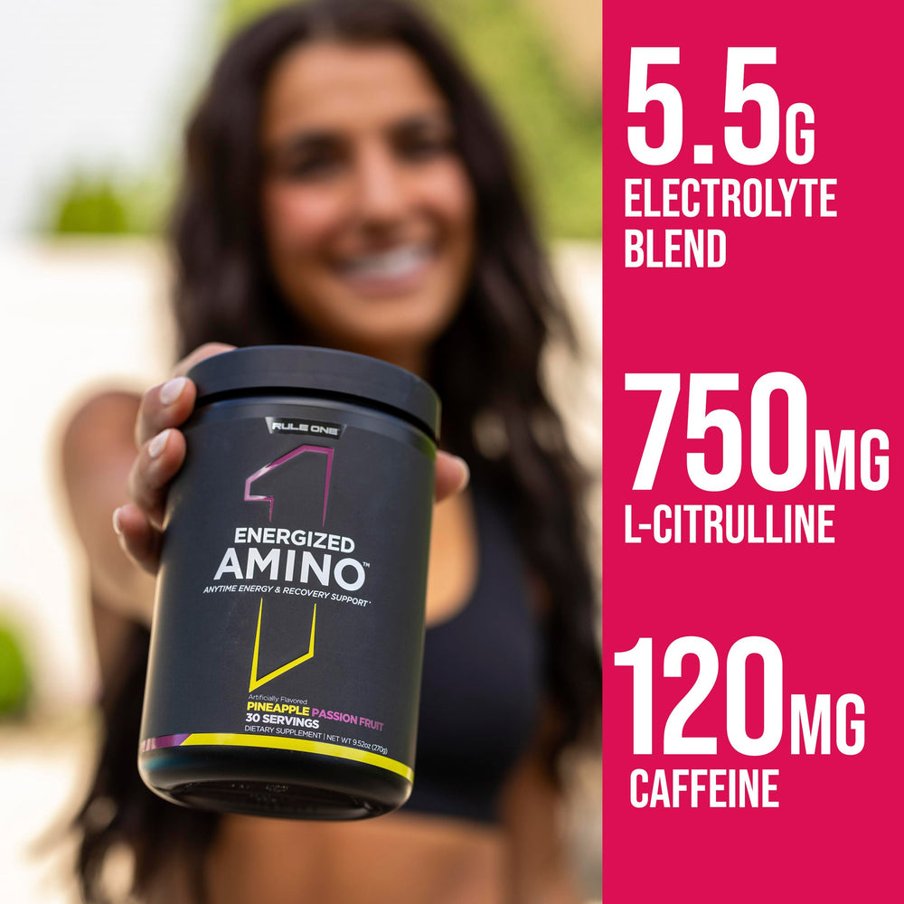 Rule 1 Energized Amino tub on shelf shows quality packaging.