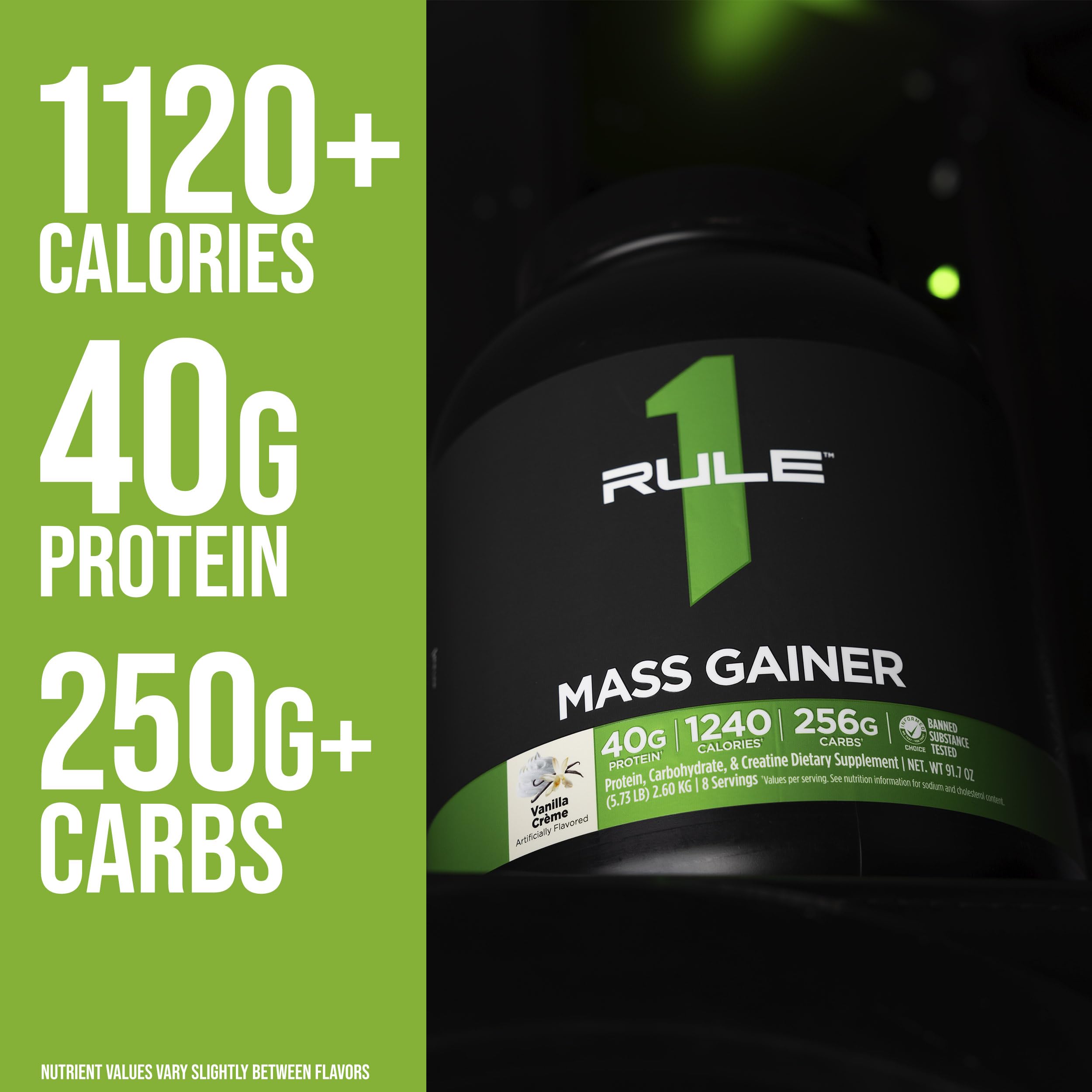Rule1 Mass Gainer ingredients include BCAAs and creatine for support.