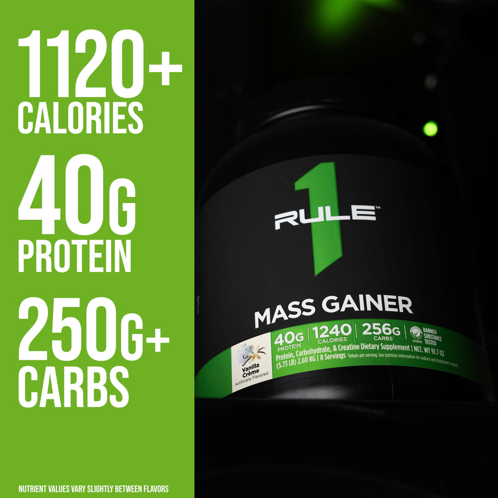 Rule1 Mass Gainer ingredients include BCAAs and creatine for support.