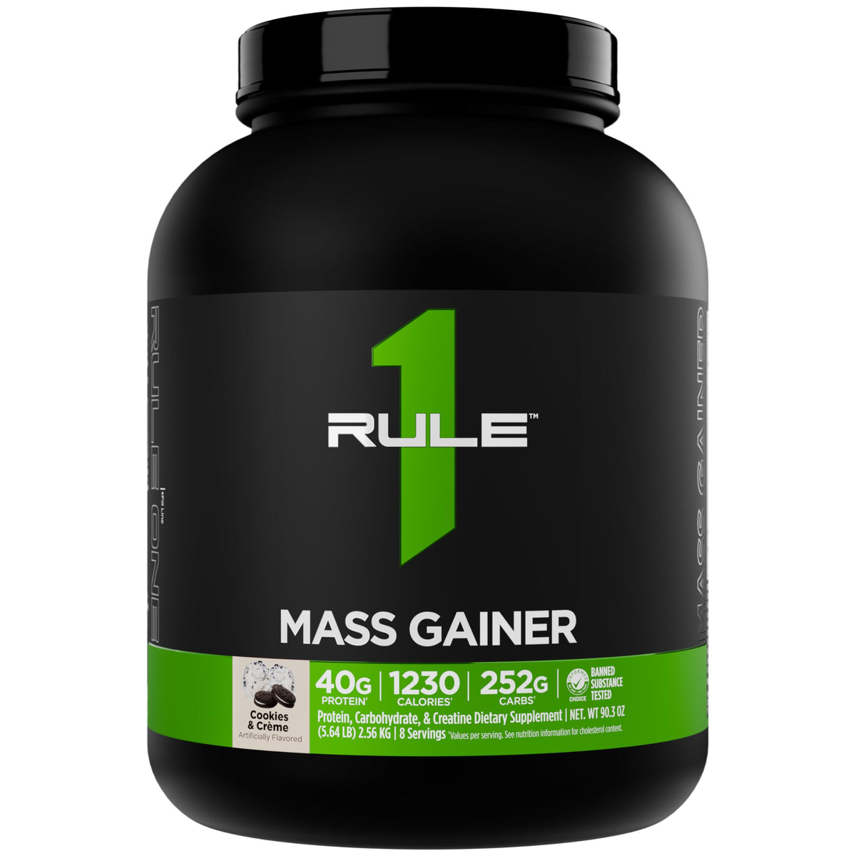 Rule1 Mass Gainer being poured into a shaker for a calorie-dense shake.