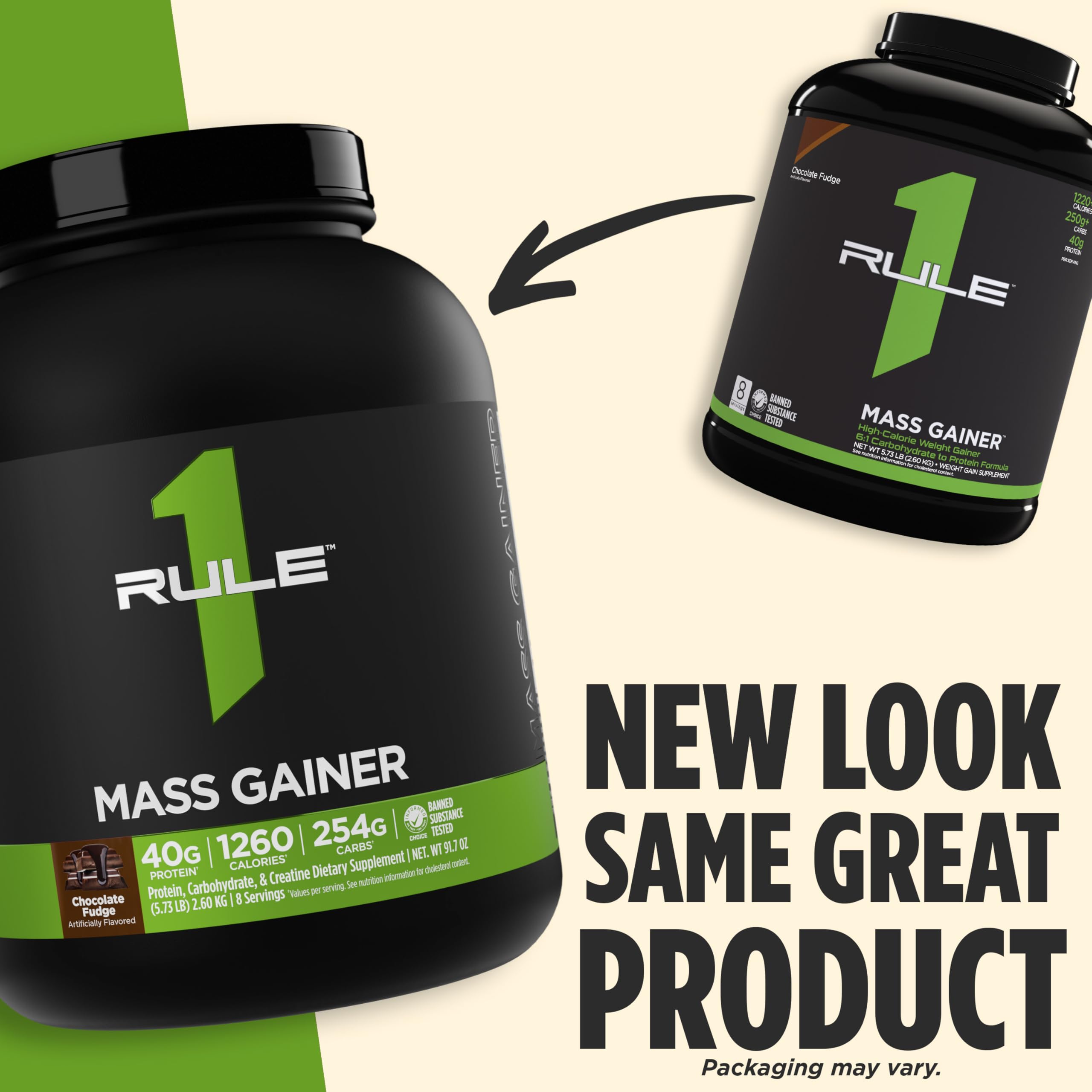 Rule1 Mass Gainer scoop shown for convenient daily calorie boost.