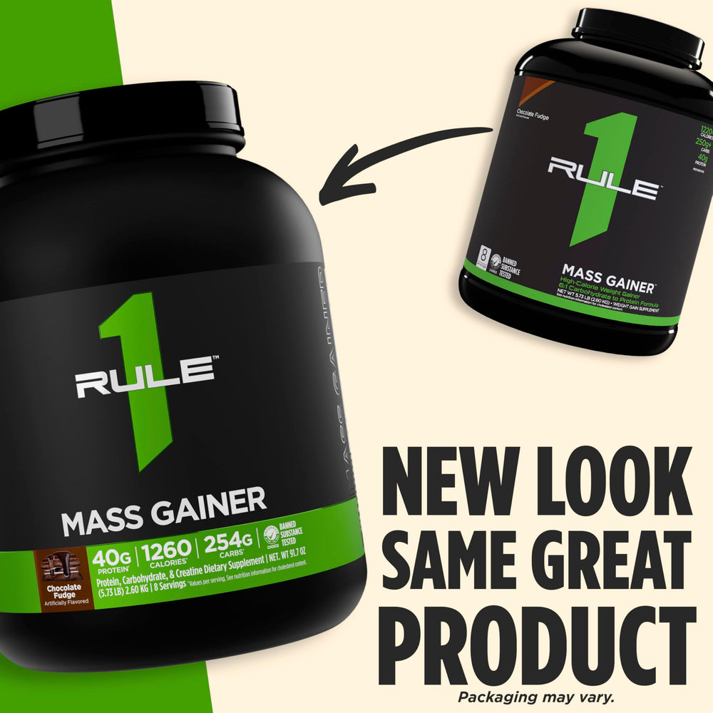 Rule1 Mass Gainer scoop shown for convenient daily calorie boost.