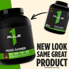 Rule1 Mass Gainer scoop shown for convenient daily calorie boost.