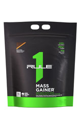 Rule1 Mass Gainer shaker showing chocolate peanut butter flavor for high-calorie shakes.