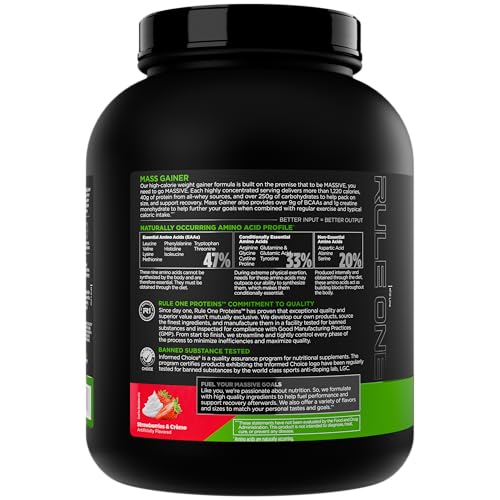 Rule1 Mass Gainer three-whey blend bottle close-up emphasizes 40g protein per serving