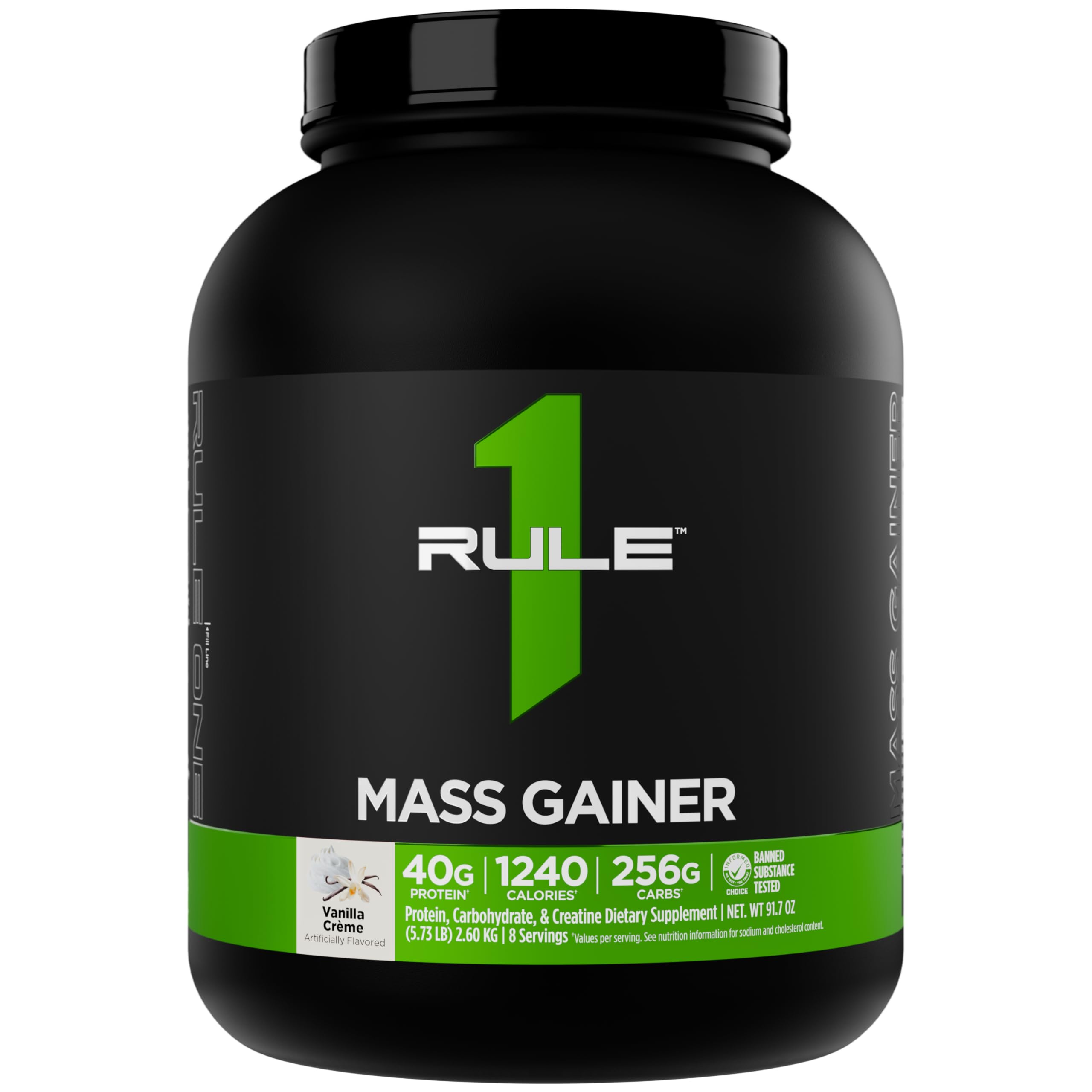 Rule1 Mass Gainer bottle with creamy vanilla creme shake energizing workouts