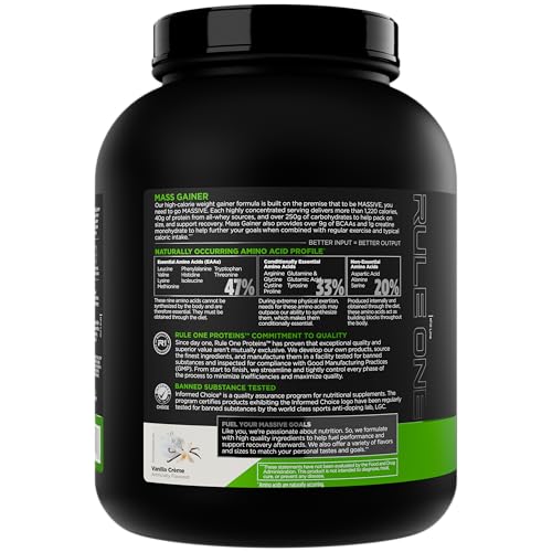Rule1 Mass Gainer shake poured into glass highlighting 1,220+ calories