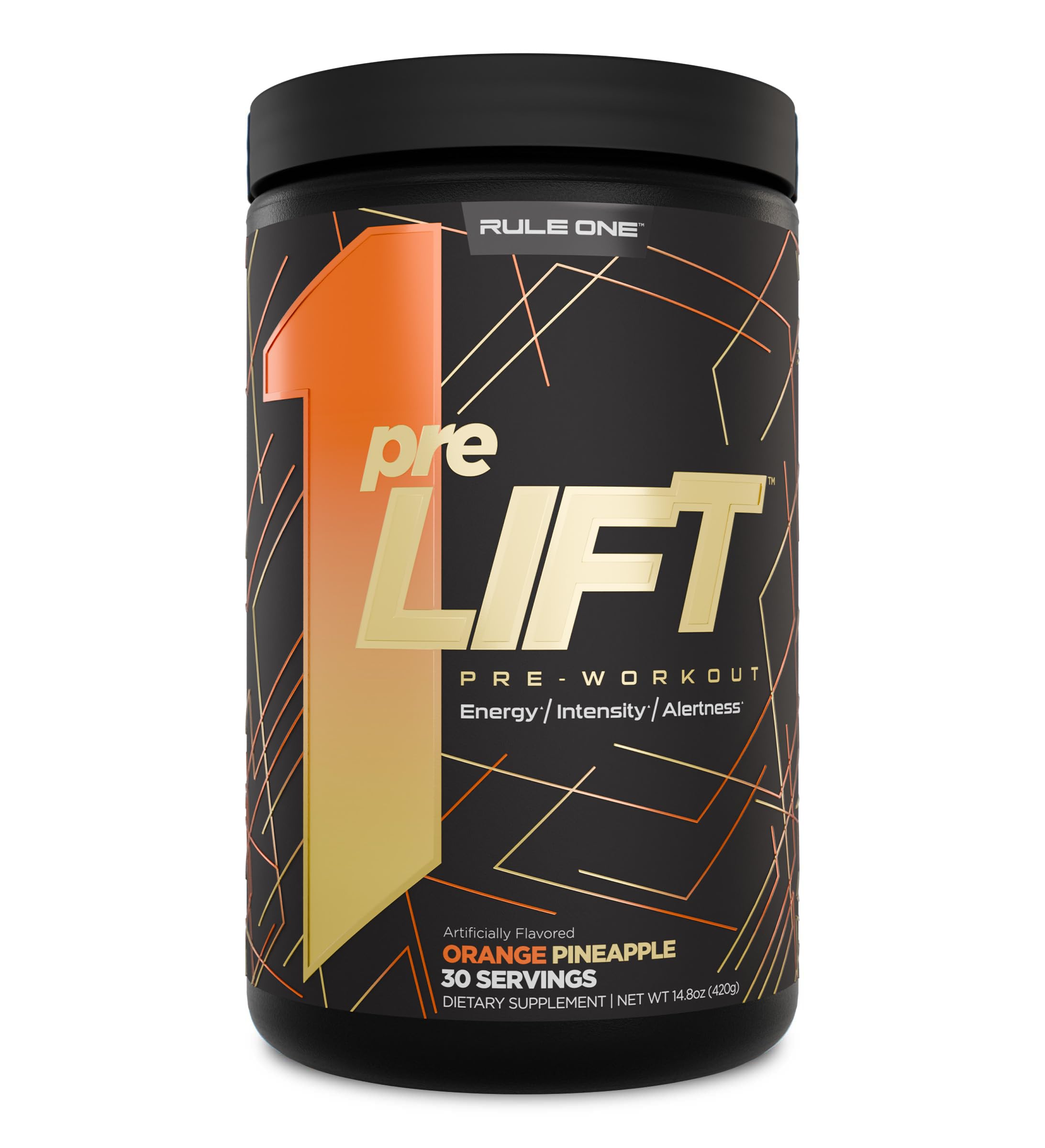 Rule 1 PreLIFT bottle front showing strong workout energy
