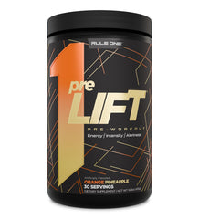 Rule 1 PreLIFT bottle front showing strong workout energy