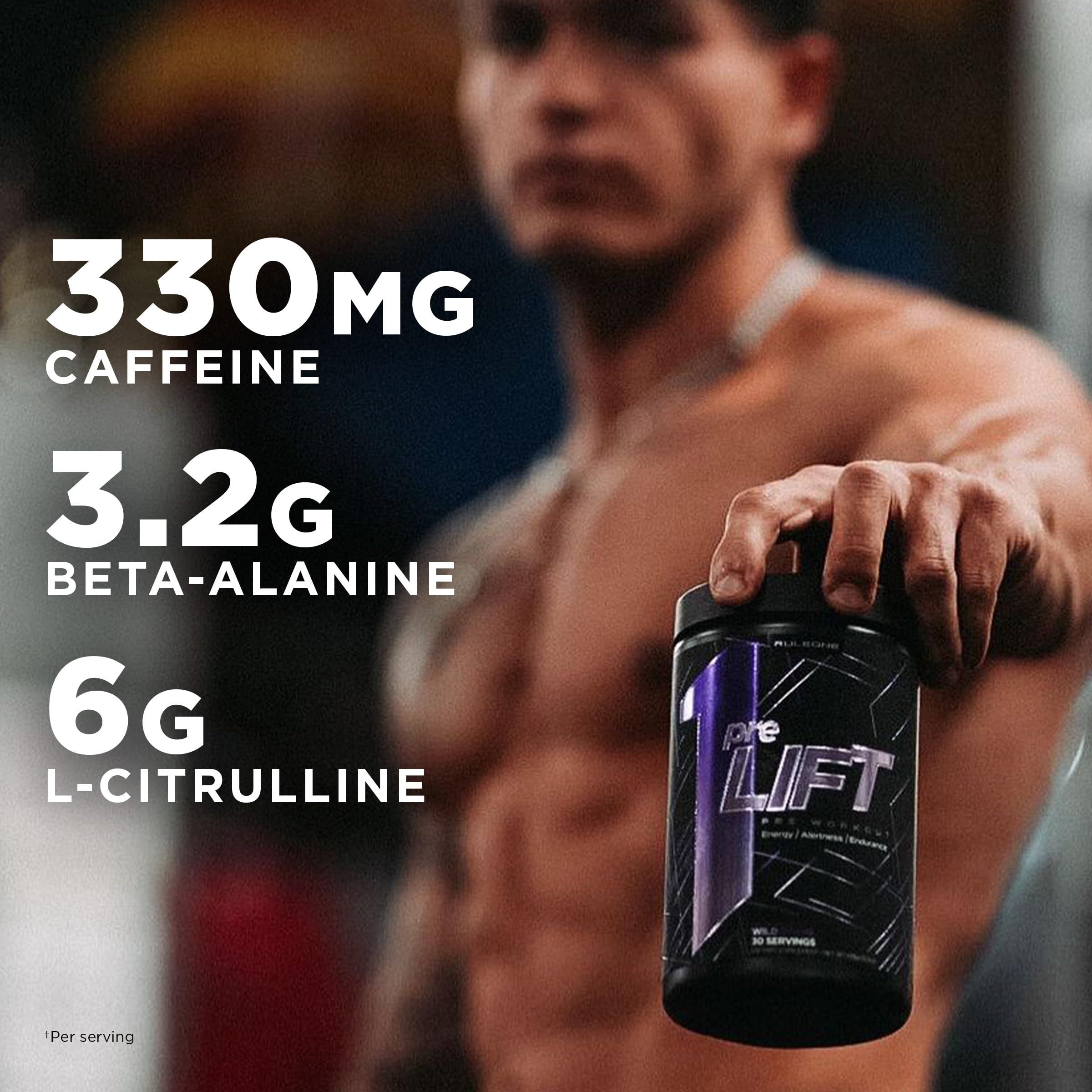 Rule 1 PreLIFT canister on gym bench emphasizing sport nutrition support