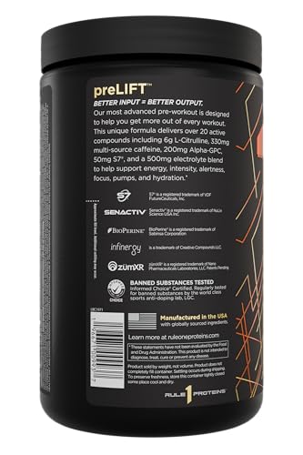 Rule 1 PreLIFT tub label closeup highlighting citrulline and beta-alanine