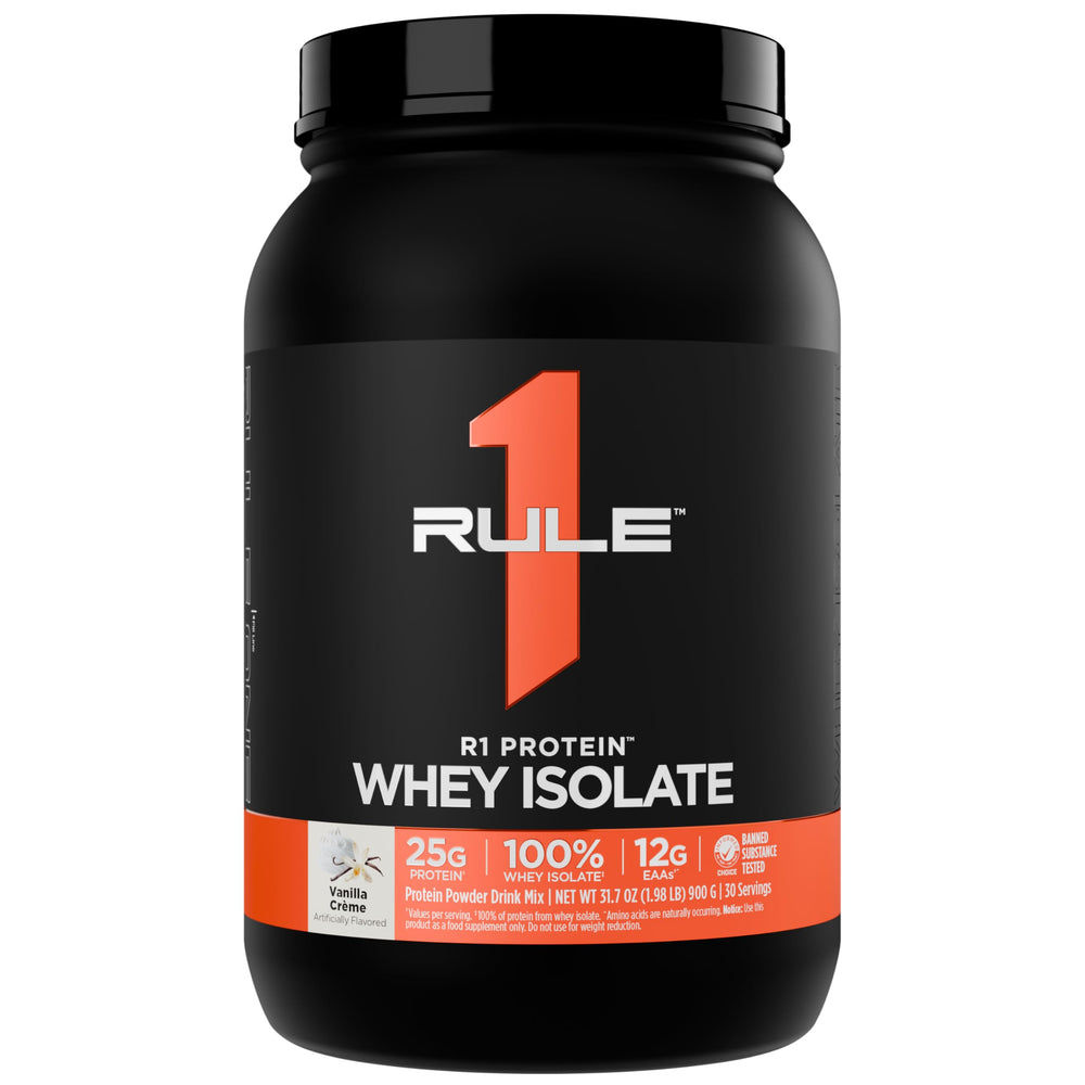 Rule 1 Whey Isolate bottle in Vanilla Creme for fast absorption.