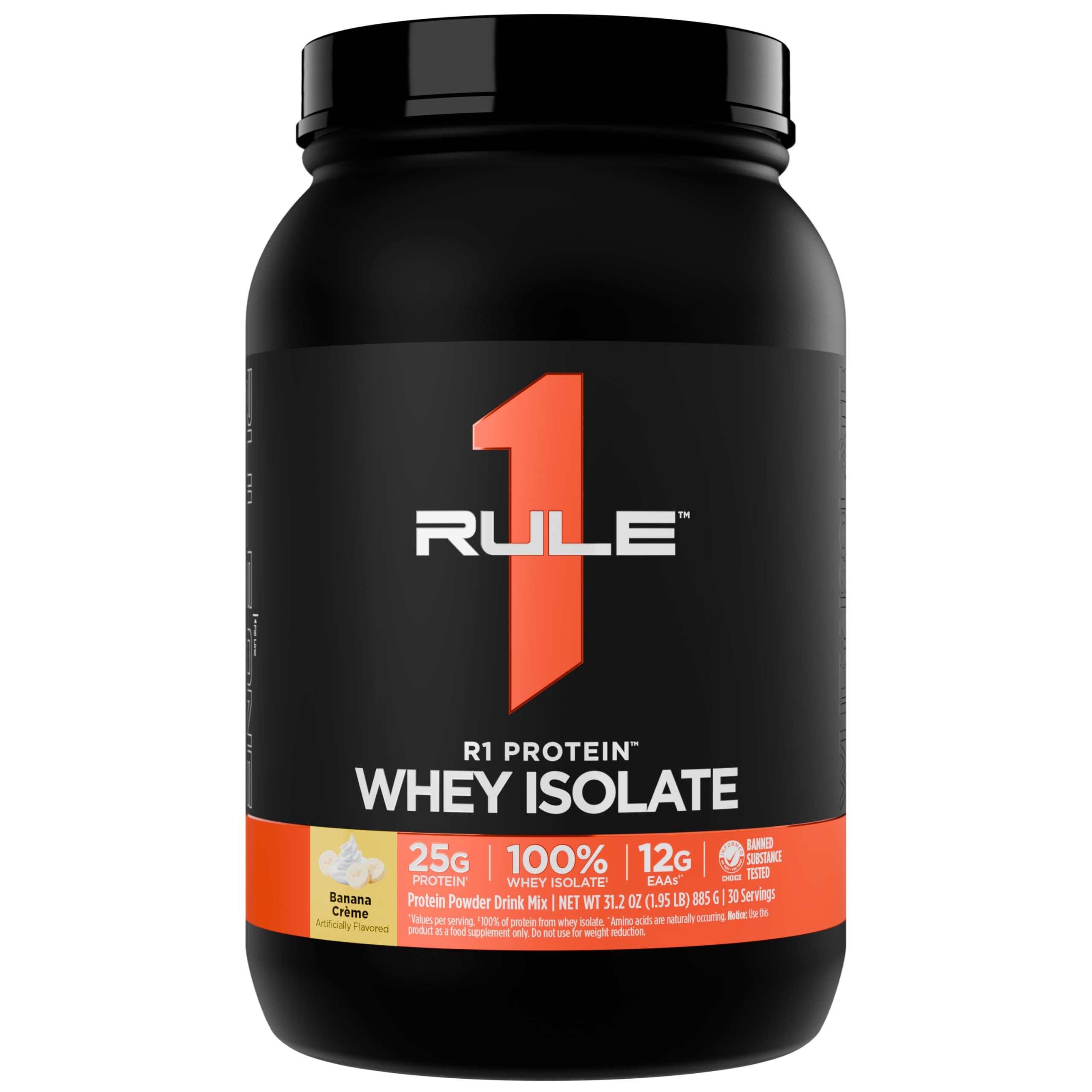 Rule 1 Proteins R1 Whey Isolate Banana Creme bottle label for post-workout support