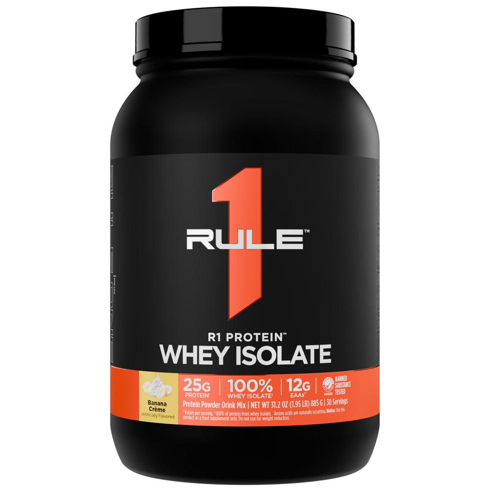 Rule 1 Proteins R1 Whey Isolate Banana Creme bottle label for post-workout support