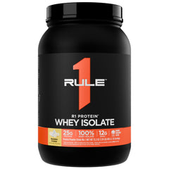 Rule 1 Proteins R1 Whey Isolate Banana Creme bottle label for post-workout support