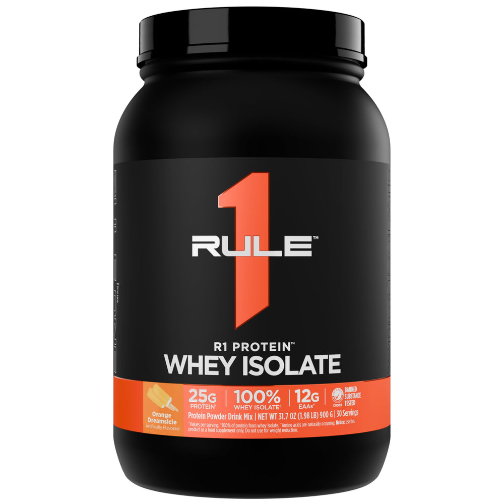 Rule 1 Proteins R1 Whey Isolate orange dreamsicle bottle shows flavor and purity