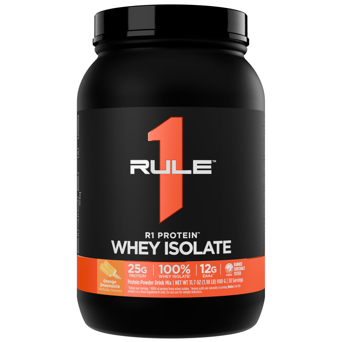 Rule 1 Proteins R1 Whey Isolate orange dreamsicle bottle shows flavor and purity