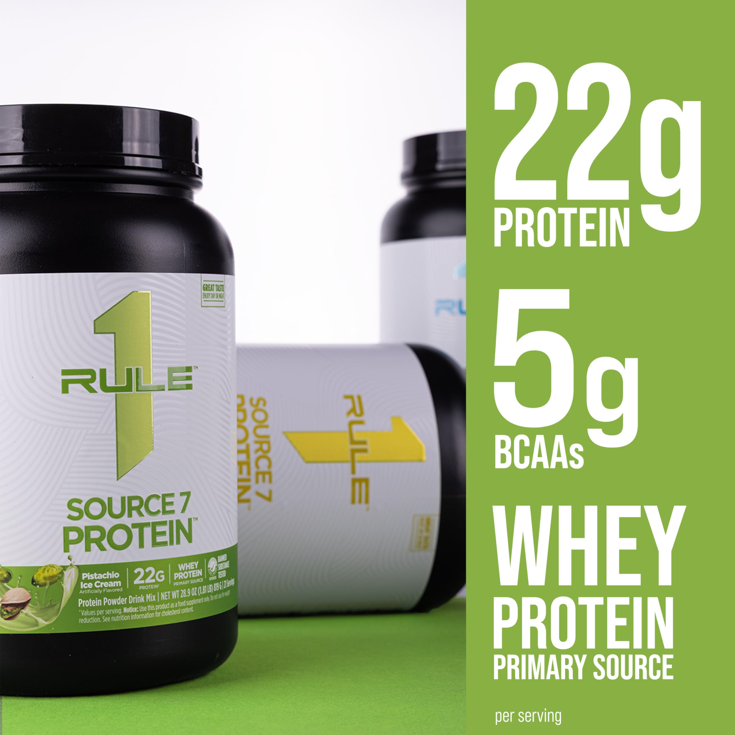 Rule 1 Source 7 protein scoop beside powder emphasizes convenience.