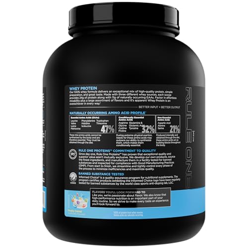 Rule 1 Whey Protein bag-label highlights 5 lb tub and value