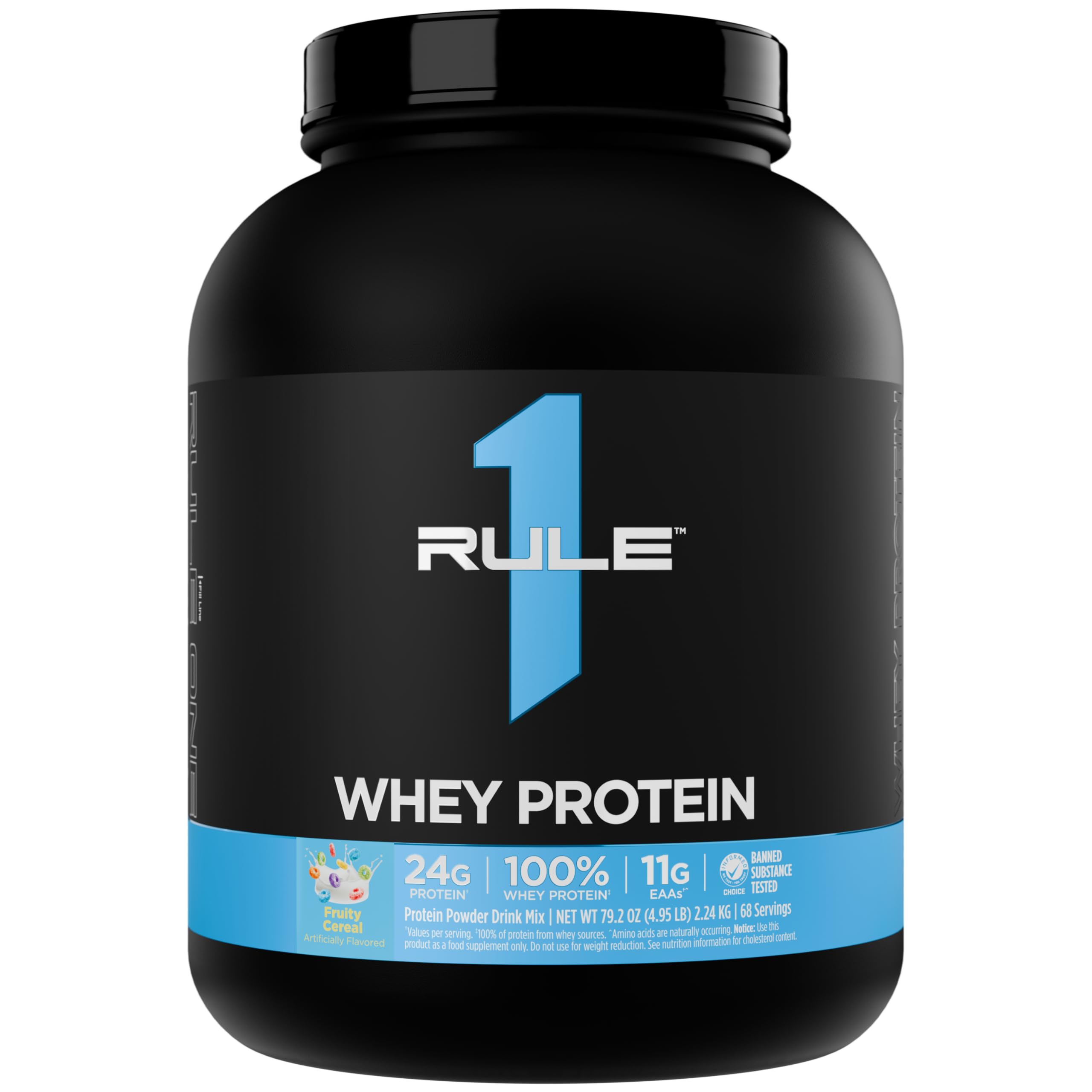 Rule 1 Whey Protein bottle-front shows premium protein for daily workouts