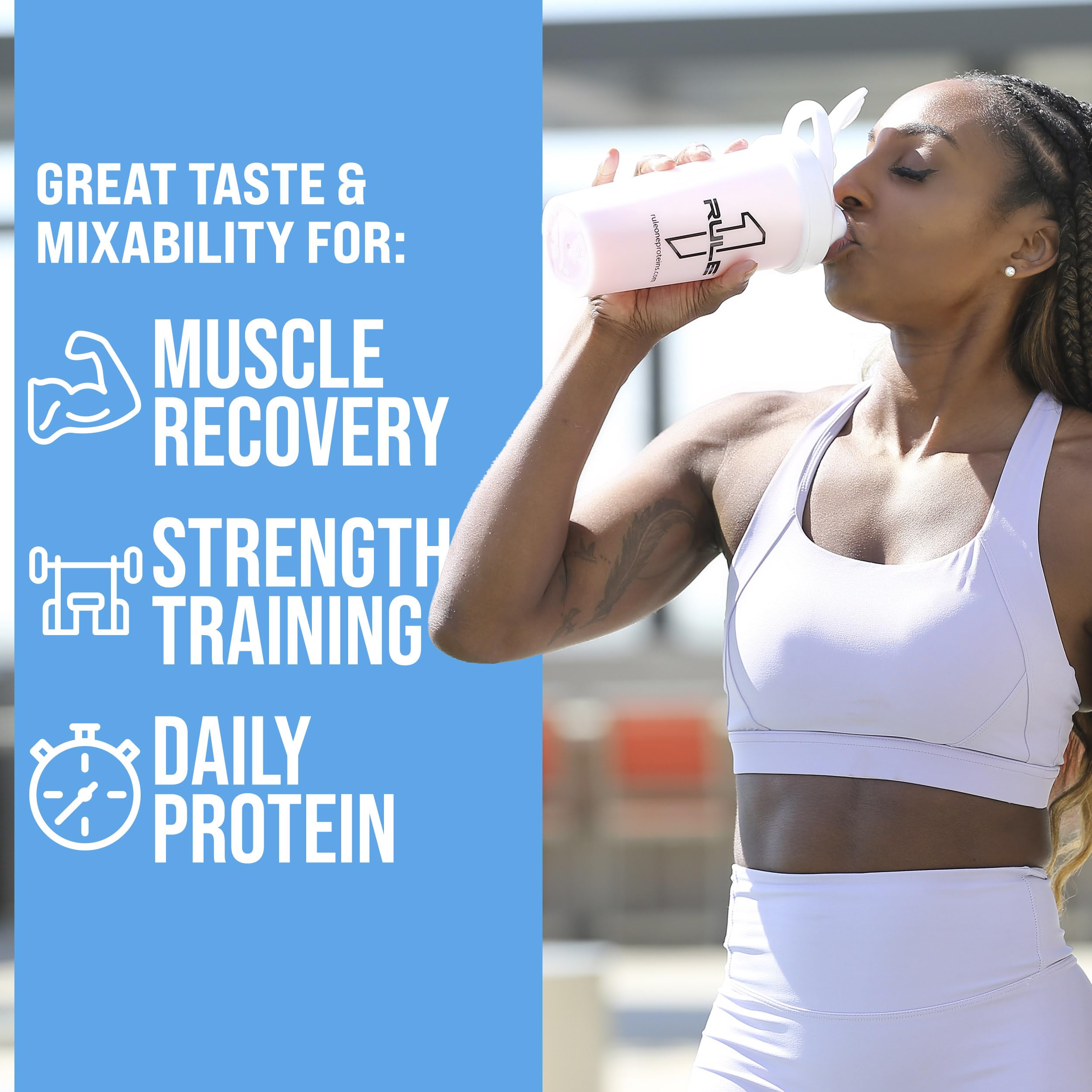 Rule 1 Whey Protein tub-closeup focuses on label and nutrition