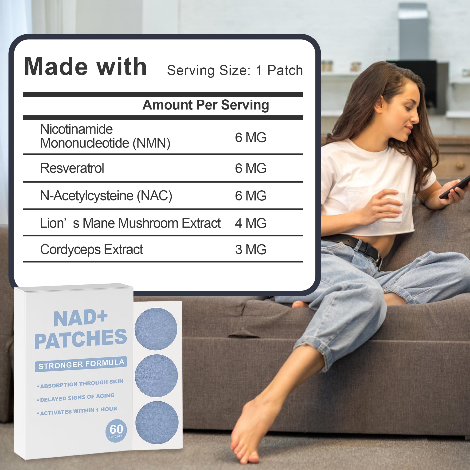 Rulinal NAD patches applied on the arm for discreet daily use.