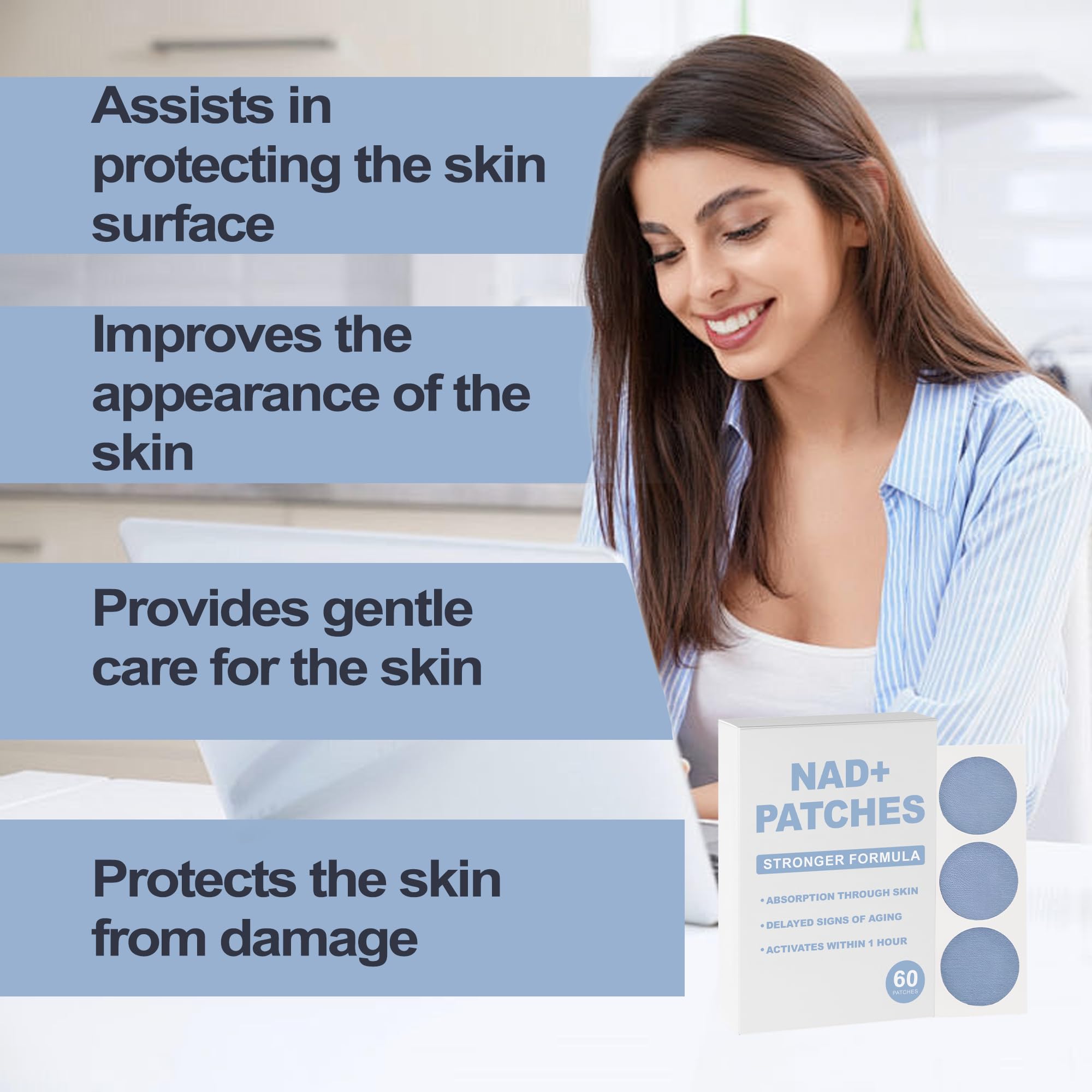 Ingredients graphic highlighting CoQ10, nicotinamide, vitamin C, and biotin in Rulinal NAD patches.