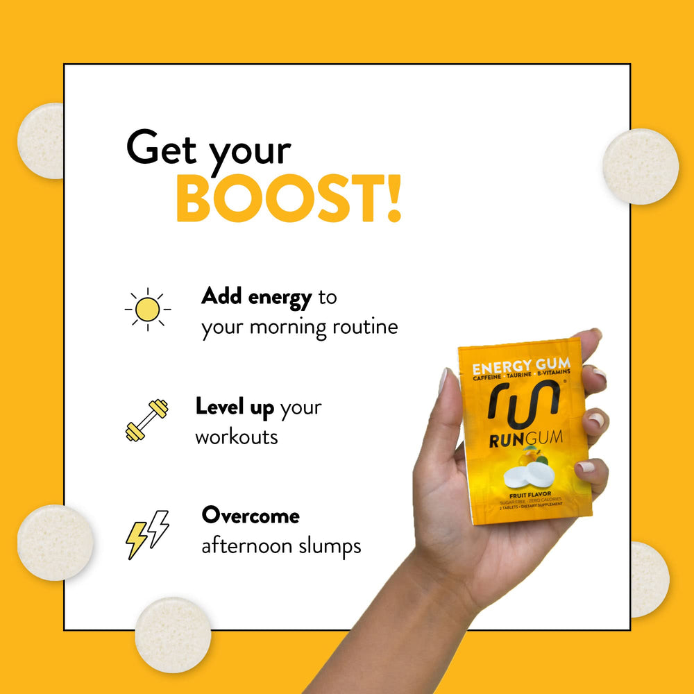 Run Gum 50mg caffeine per piece provides a rapid alertness boost during activity.