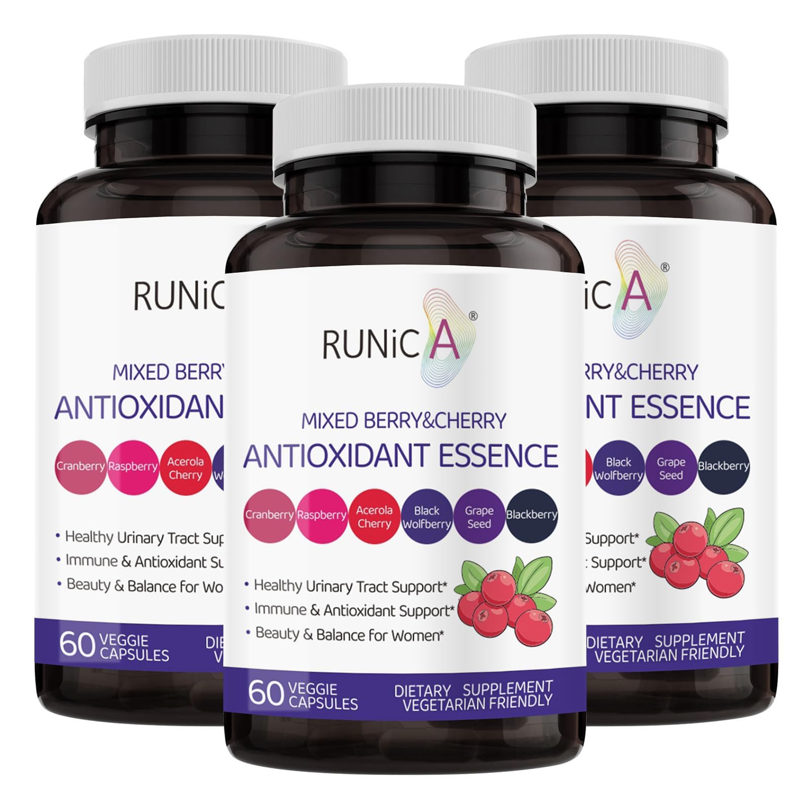 RUNICA 6X bottle with berry blend promotes urinary health and immune support.