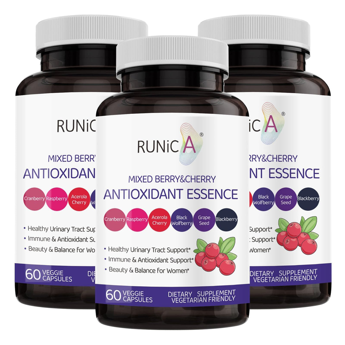 RUNICA 6X bottle with berry blend promotes urinary health and immune support.