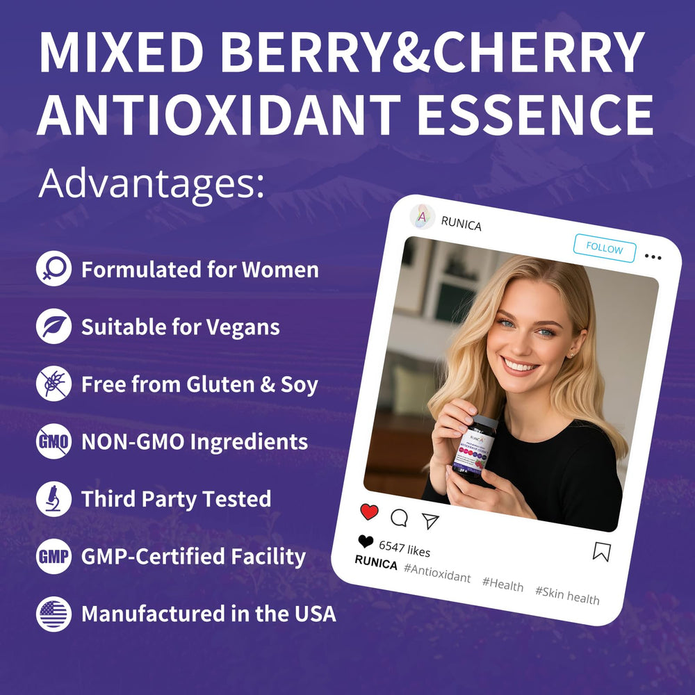 RUNICA 6X bottle label highlighting high-potency berry blend for robust antioxidant support.