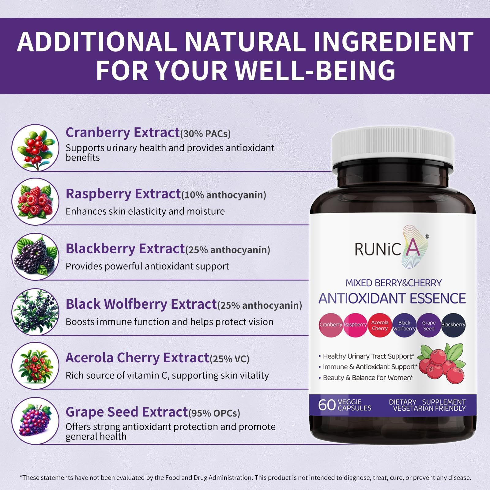 Plate of fresh berries highlighting polyphenol-rich 6-berry complex in RUNICA for antioxidant support.