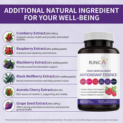 Plate of fresh berries highlighting polyphenol-rich 6-berry complex in RUNICA for antioxidant support.
