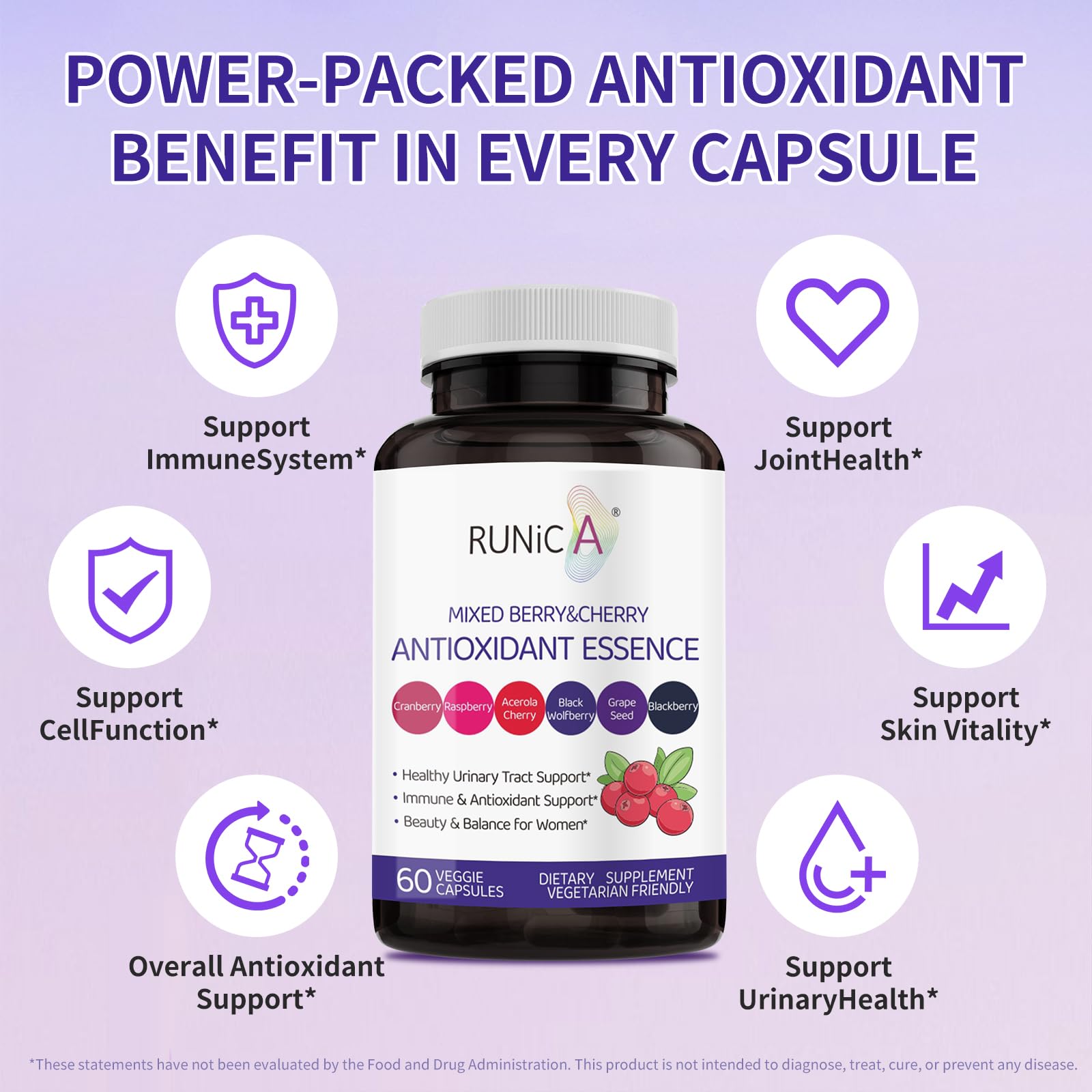 Close-up of cranberry and tart cherry extracts in RUNICA 6X formula for antioxidant support.