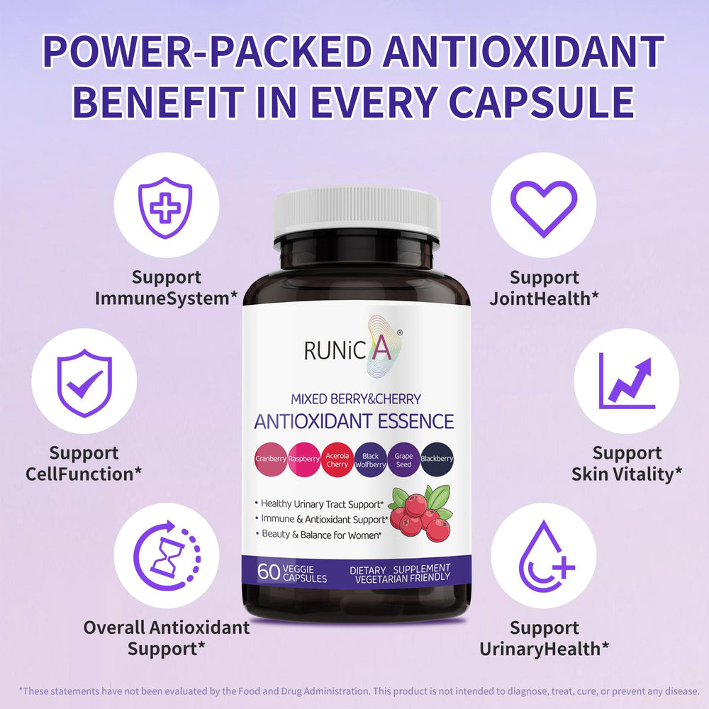 Close-up of cranberry and tart cherry extracts in RUNICA 6X formula for antioxidant support.