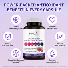 Close-up of cranberry and tart cherry extracts in RUNICA 6X formula for antioxidant support.