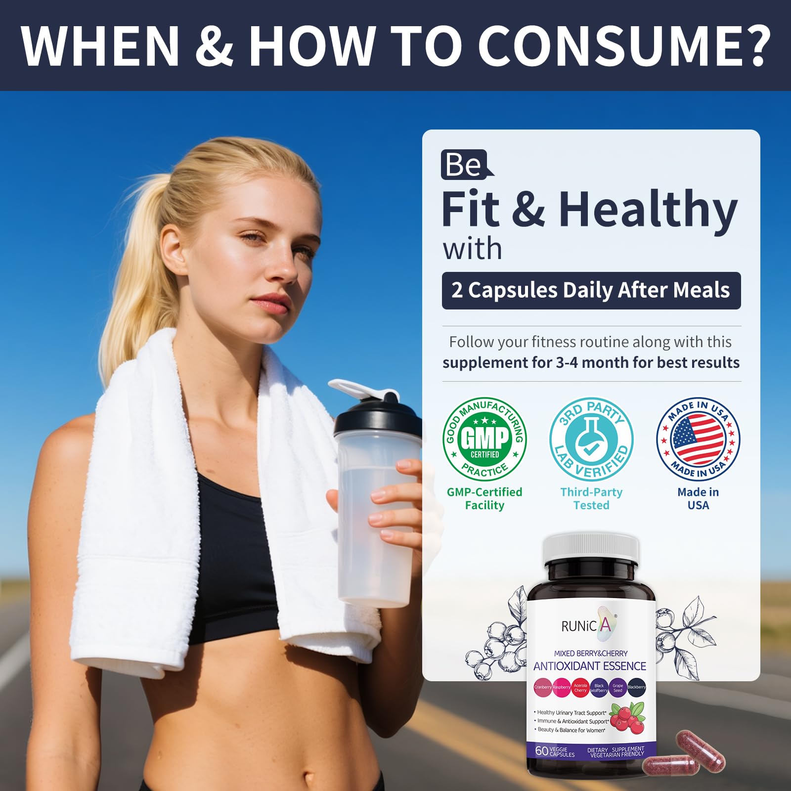 Person taking RUNICA capsule with water to support daily wellness.