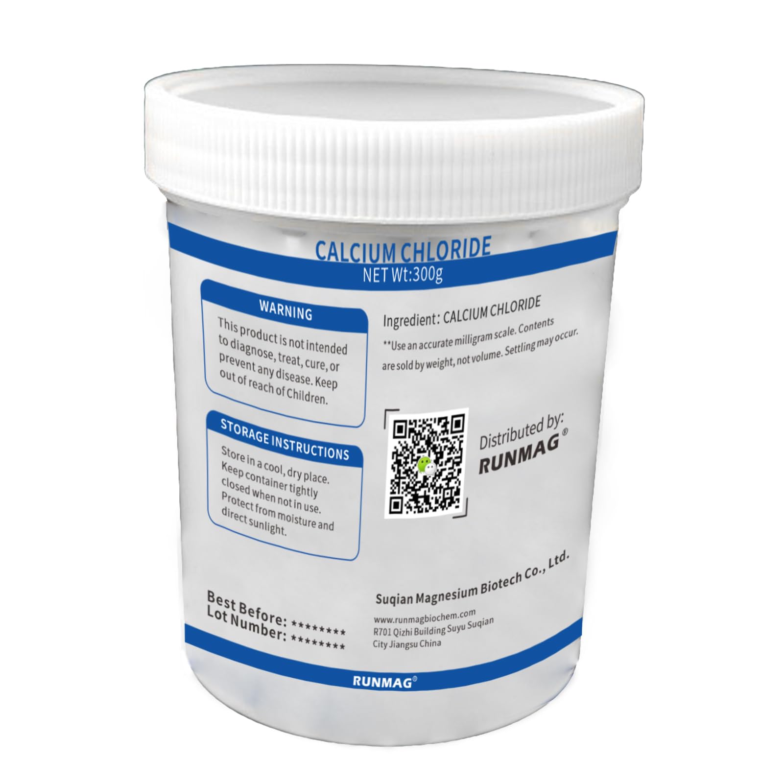 Close-up of RUNMAG calcium chloride powder, fine texture ideal for precise measurements and recipes.