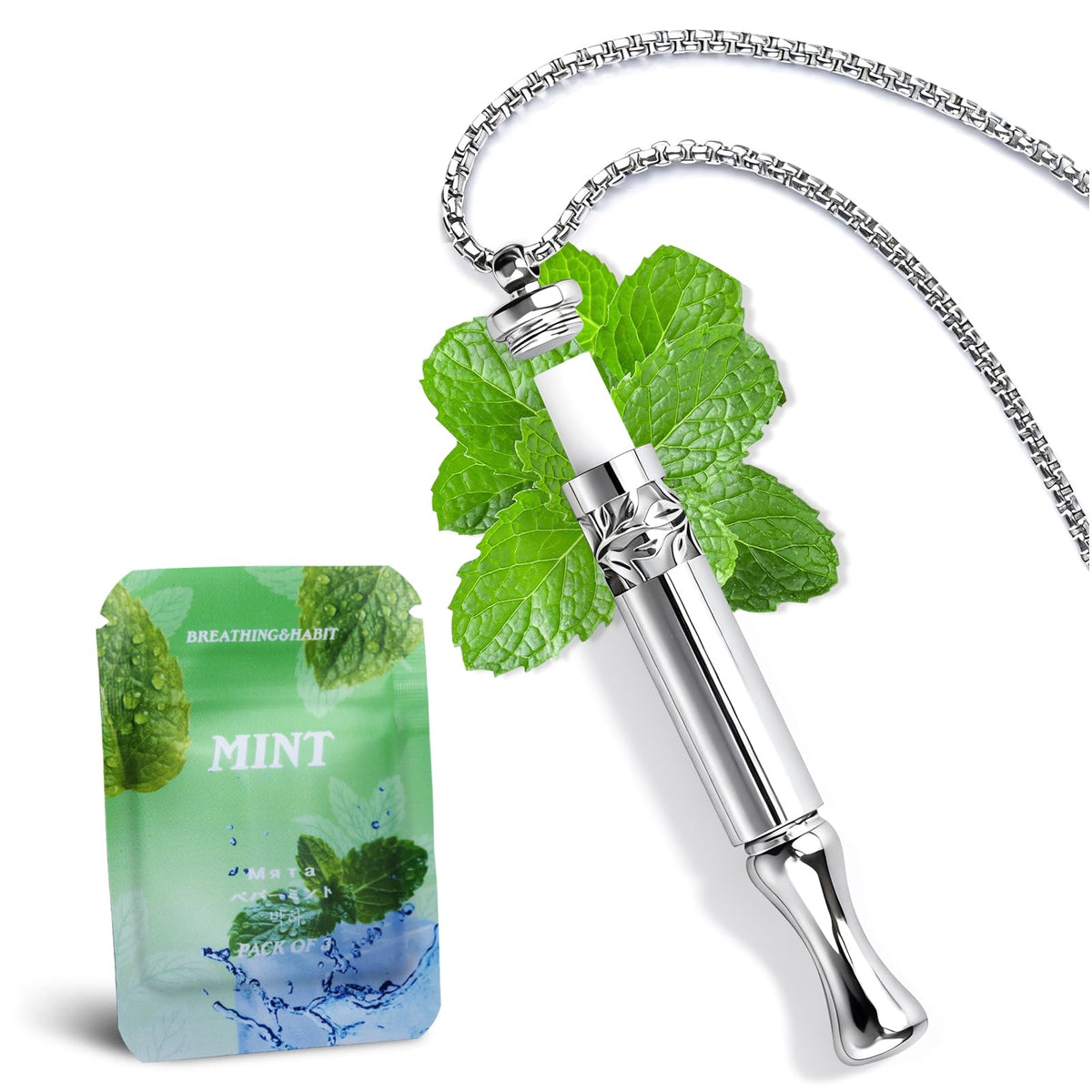Runmecy quit-smoking necklace with mint pods for refreshing breaths.