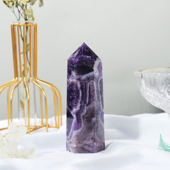 Runyangshi Dream Amethyst crystal tower, 4.72–5 in, enhances intuition.