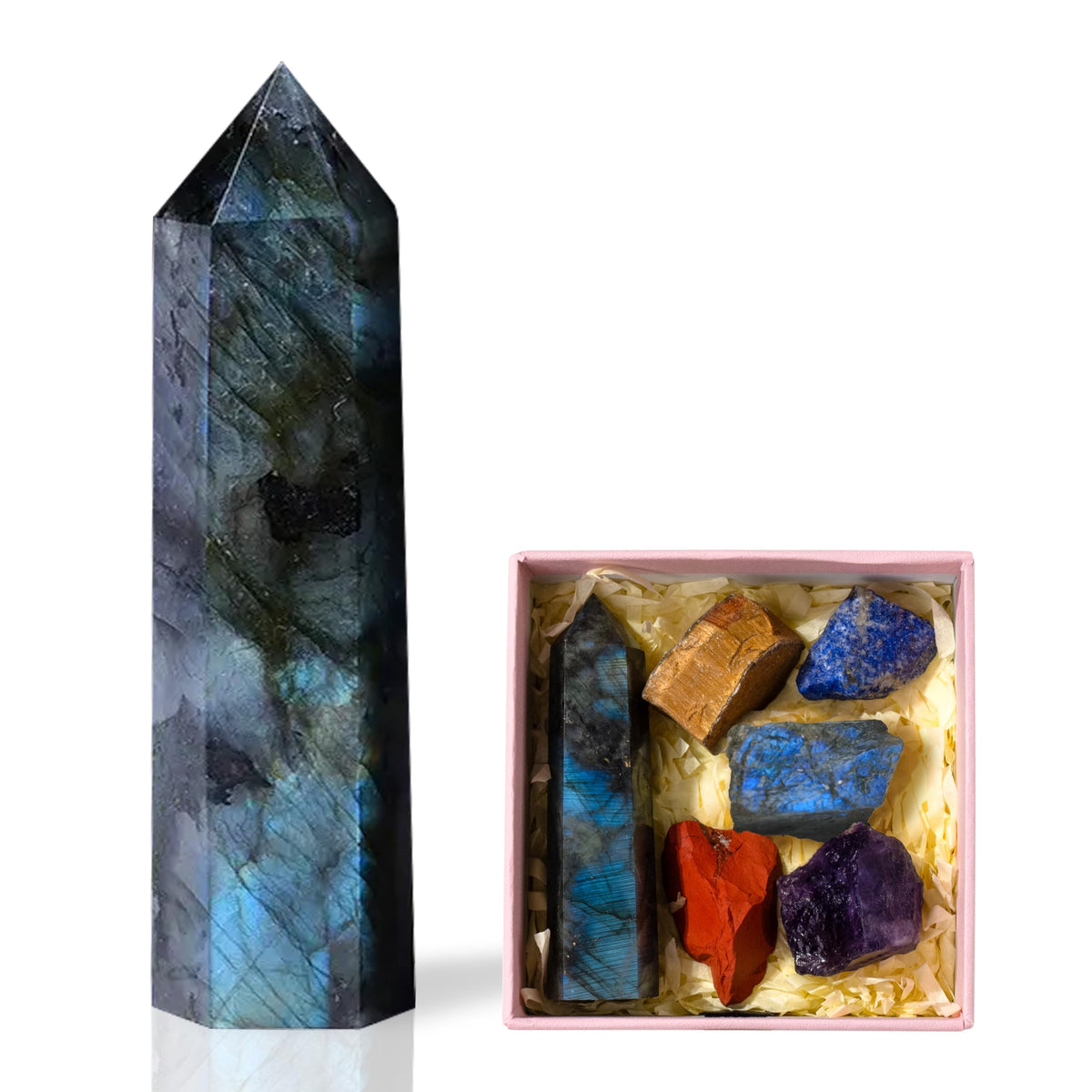 Runyangshi Labradorite tower close-up highlighting calming energy for meditation and focus