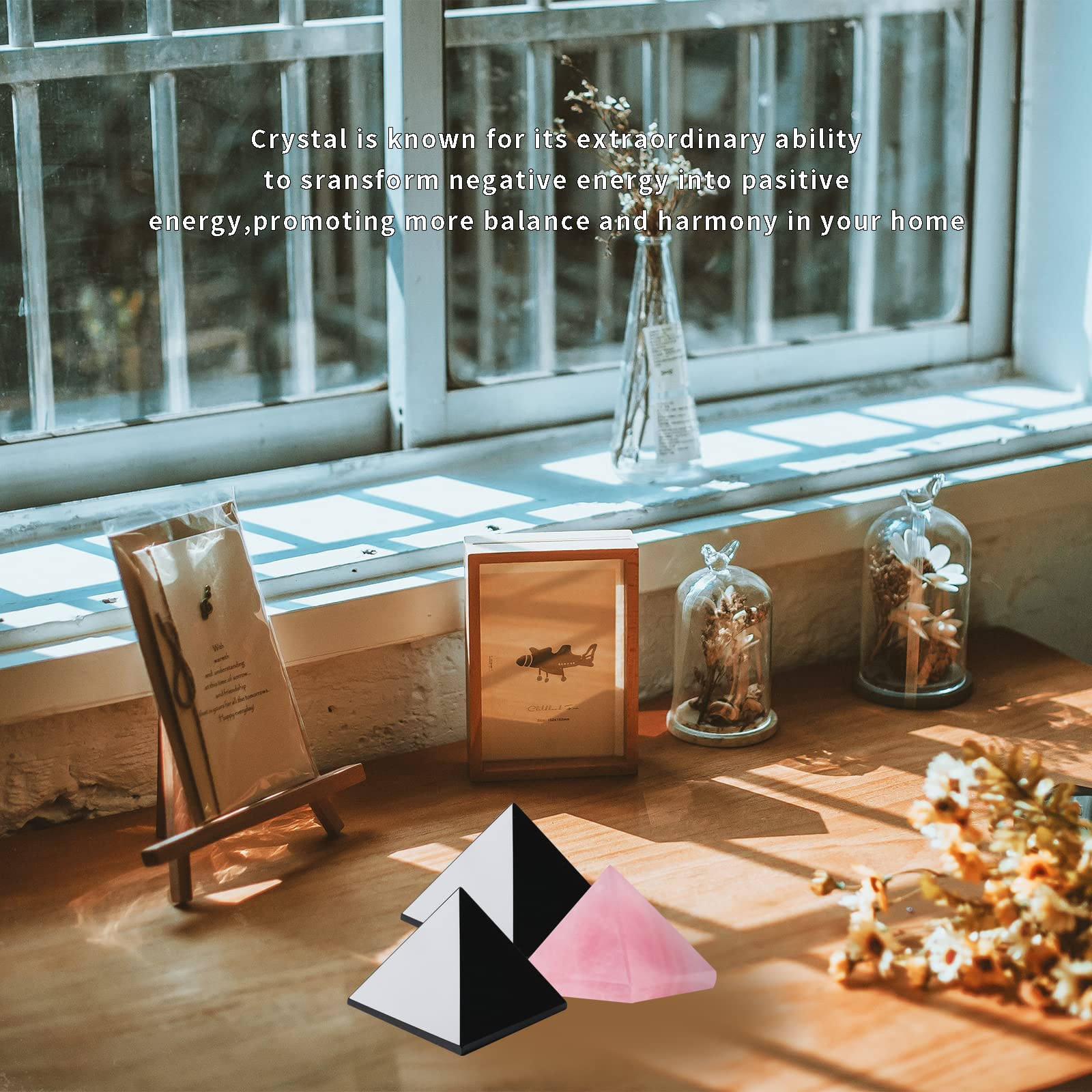 Runyangshi rose quartz pyramid decor adds elegance and energy to a desk.