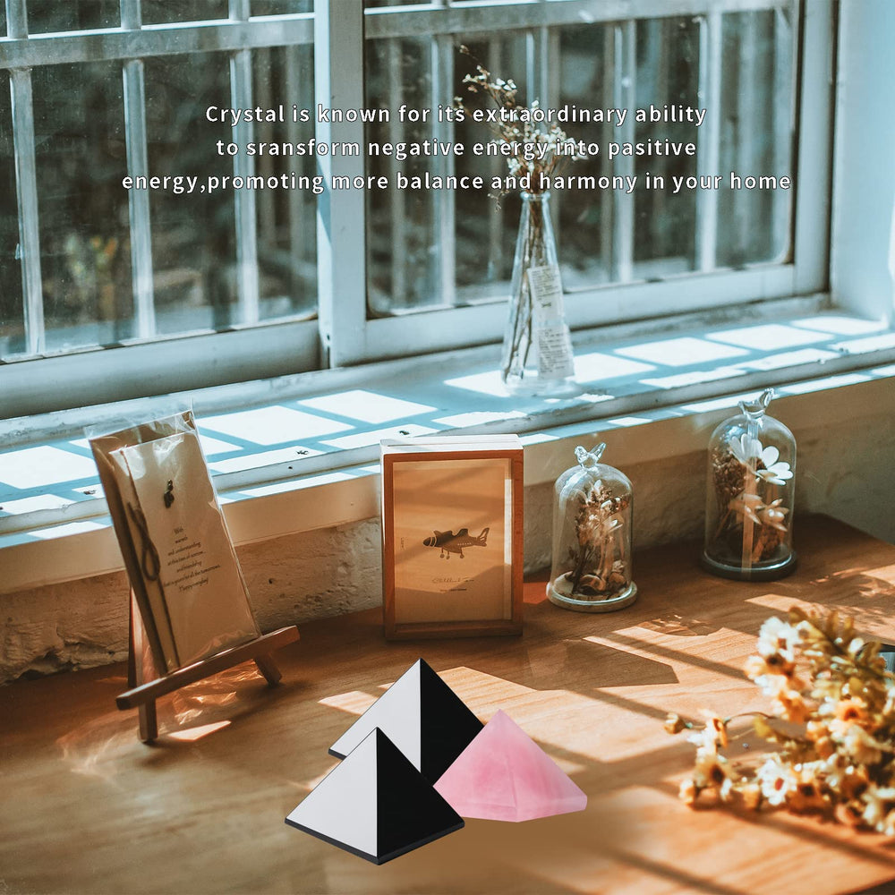 Runyangshi rose quartz pyramid decor adds elegance and energy to a desk.