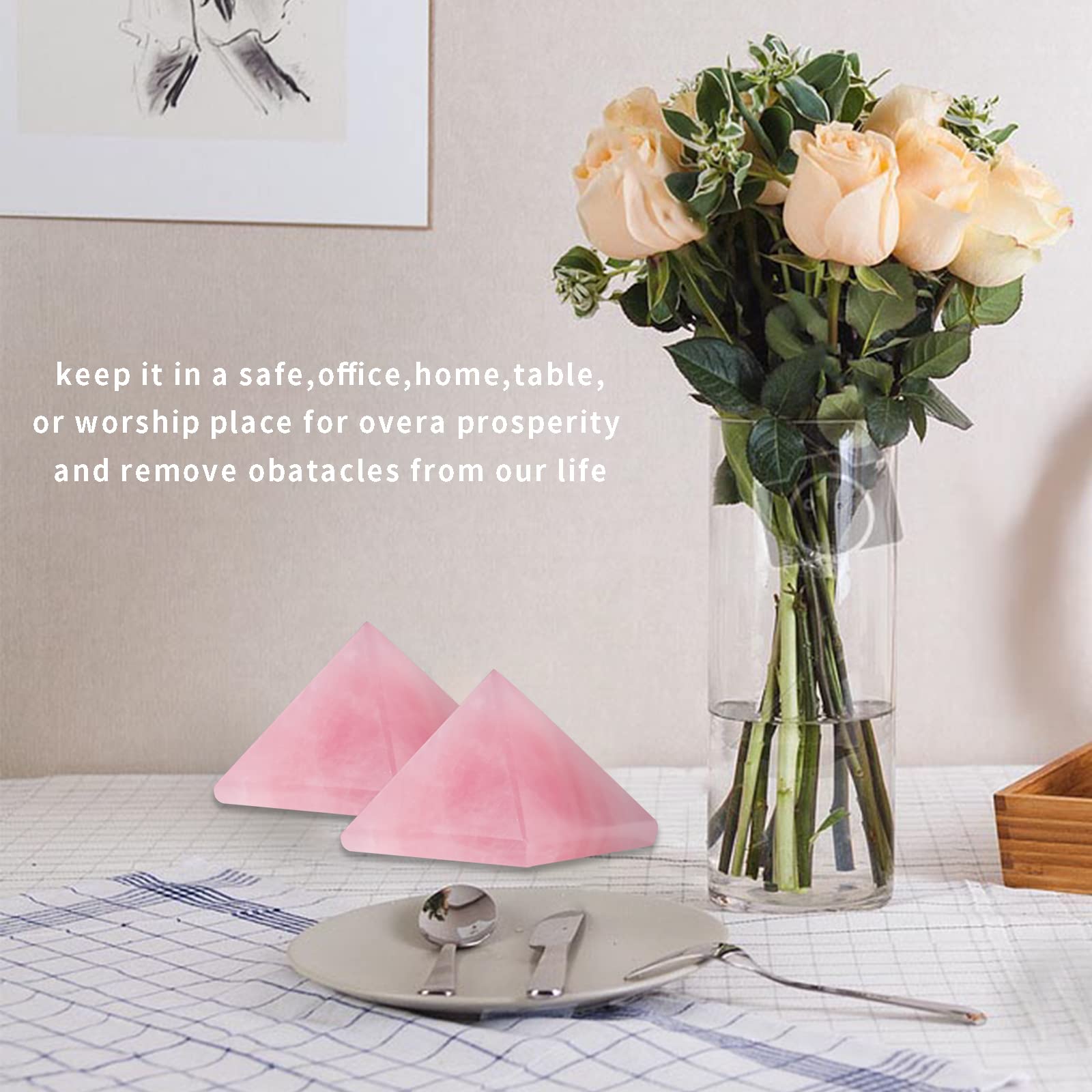 Runyangshi rose quartz pyramid on an altar enhances positive energy at home.