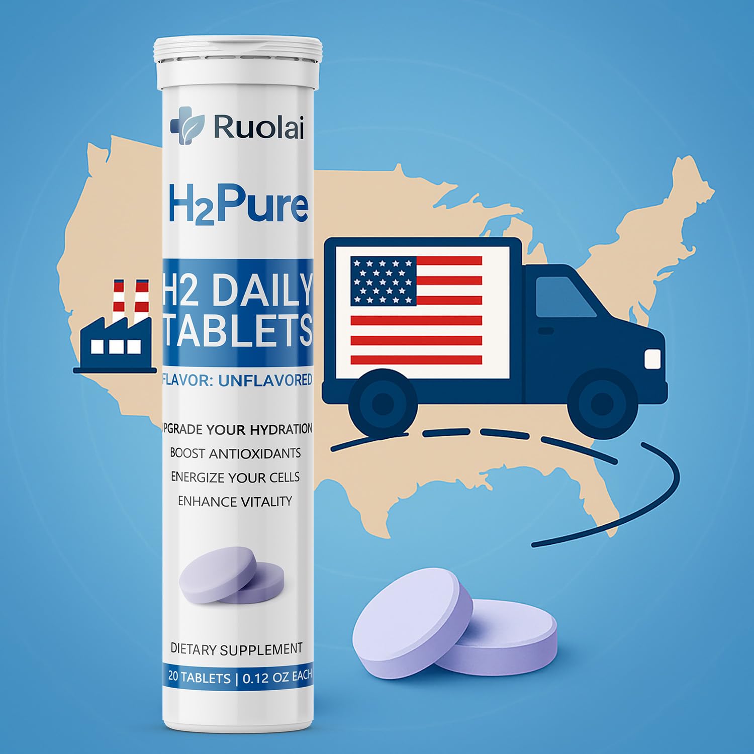 Ruolai H2pure daily-use routine with two tablets for hydration