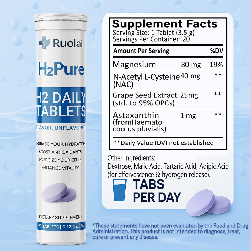 Ruolai H2pure ingredients label highlighting vegan, clean formula